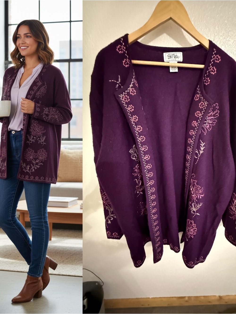 Bob Mackie Studio 4X Purple 100% Wool Embroidered Floral Open Cardigan